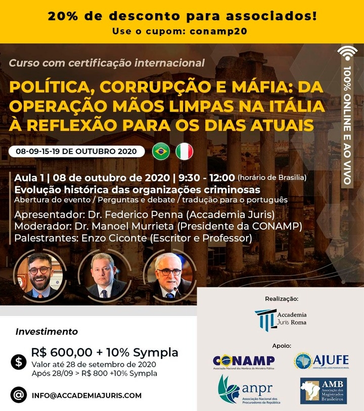 Associados da CONAMP possuem desconto exclusivo para curso online “Política, corrupção e Máfia: da operação mãos limpas na Itália à reflexão para os dias atuais”